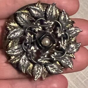 Vintage mixed metal bronze & Silver Leaf Brooch with Pearl Center